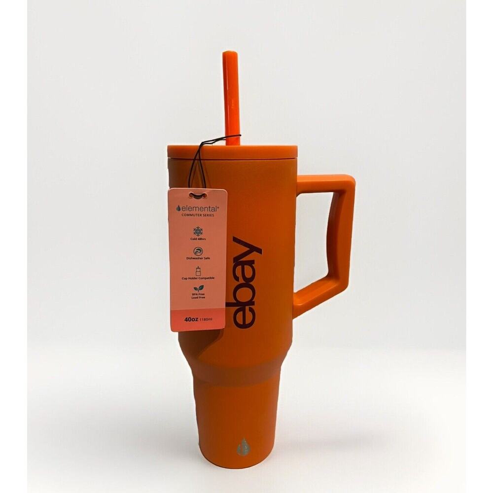 eBay Brand Metal Tumbler Cup Handle Orange H2.0 Hot Cold 40 oz Straw New